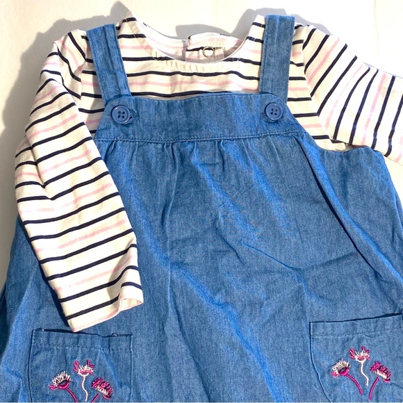 Crown & Ivy Denim suspender dress 9 month embroidered pockets striped bodysuit - Picture 2 of 9